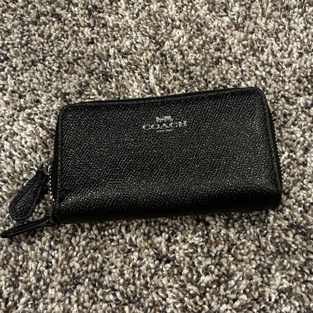 Coach Black Coin Case Zip Wallet Sparkle Black